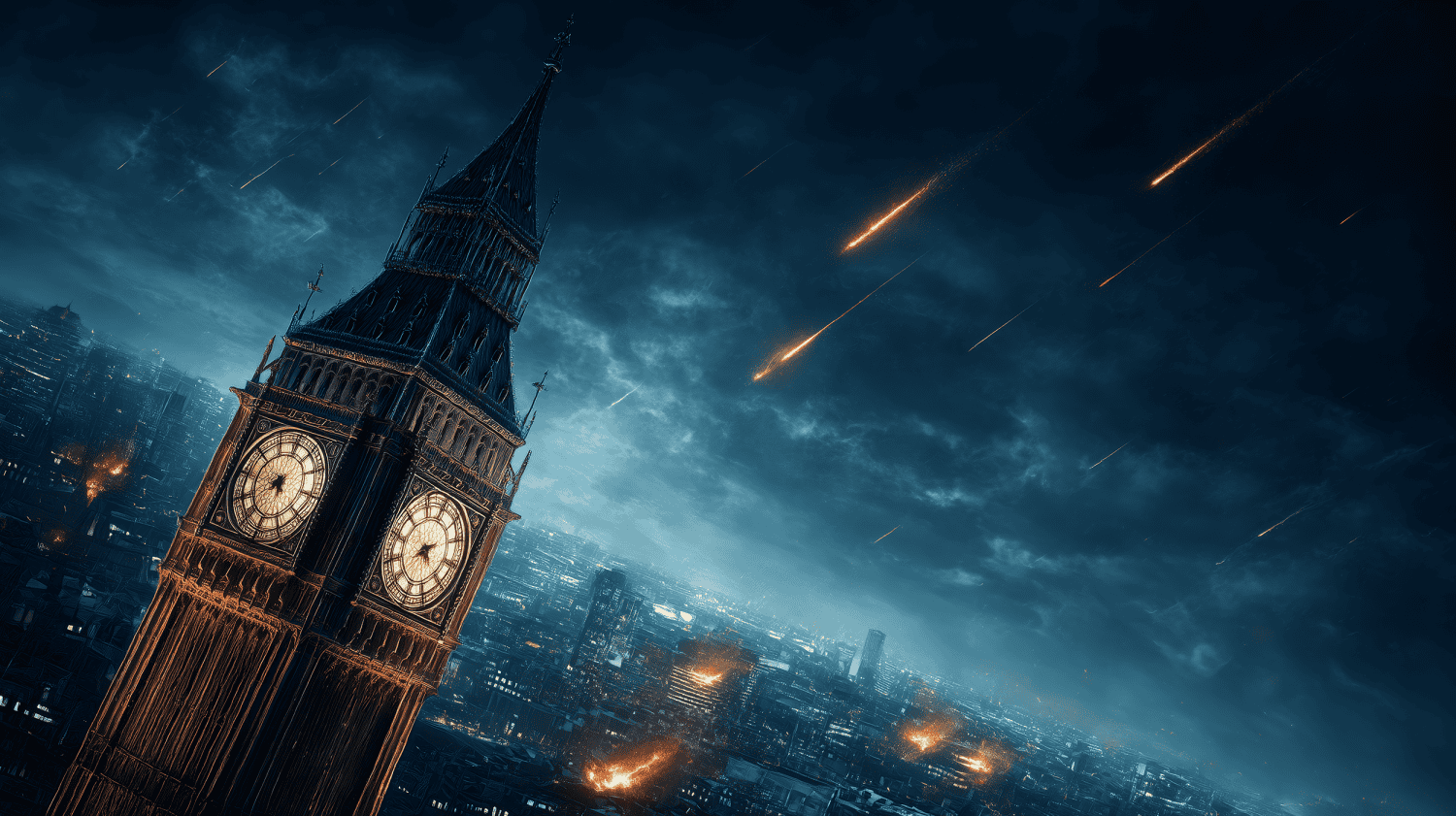 A devastated London skyline beneath incoming fire
